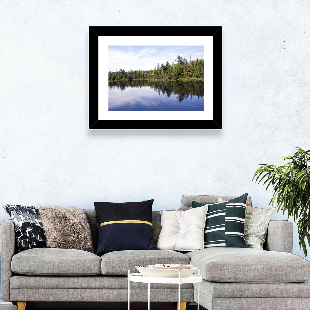 Peck Lake Shoreline Reflection Wall Art in a room, landscape