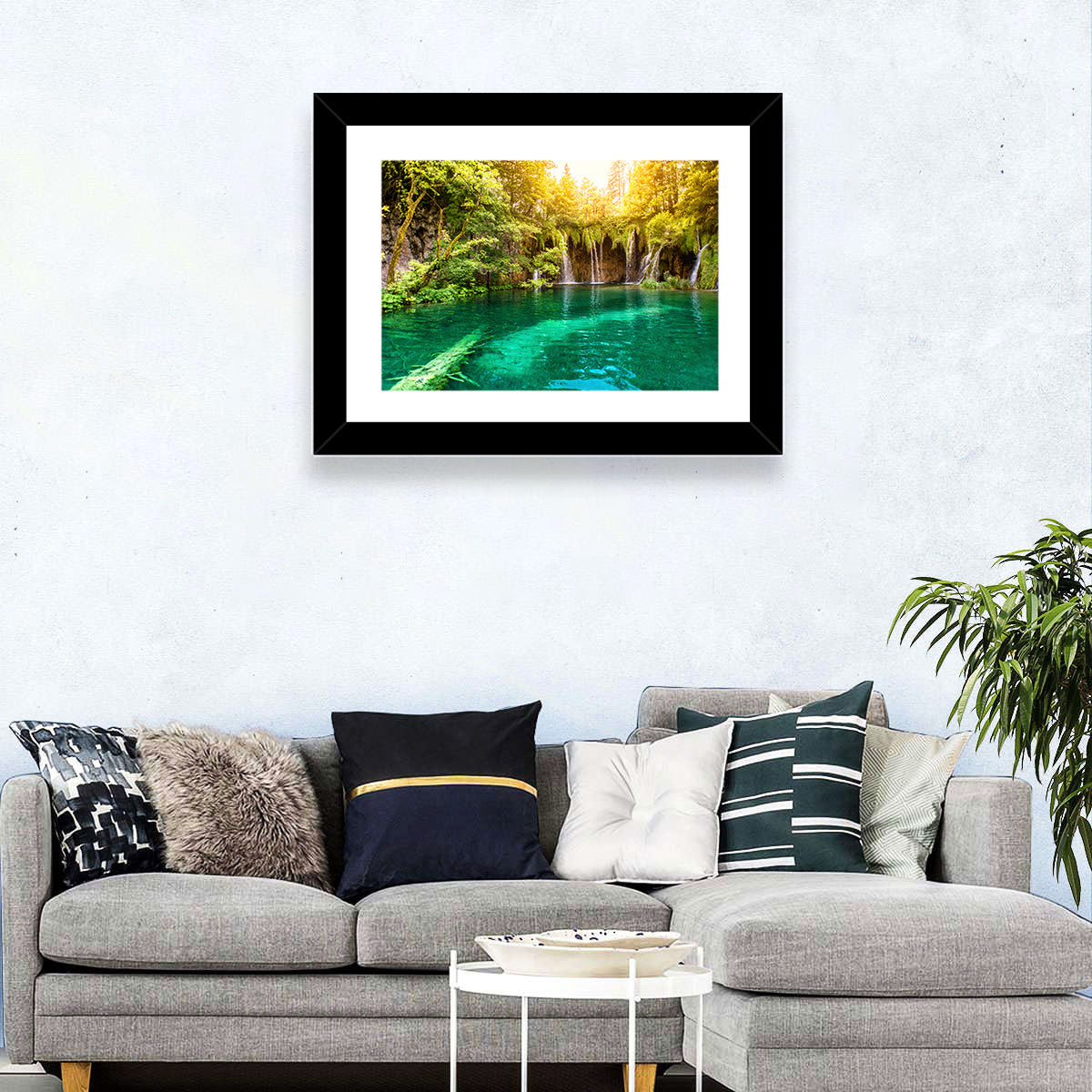 Plitvice Lake Waterfall Wall Art in a room, landscape