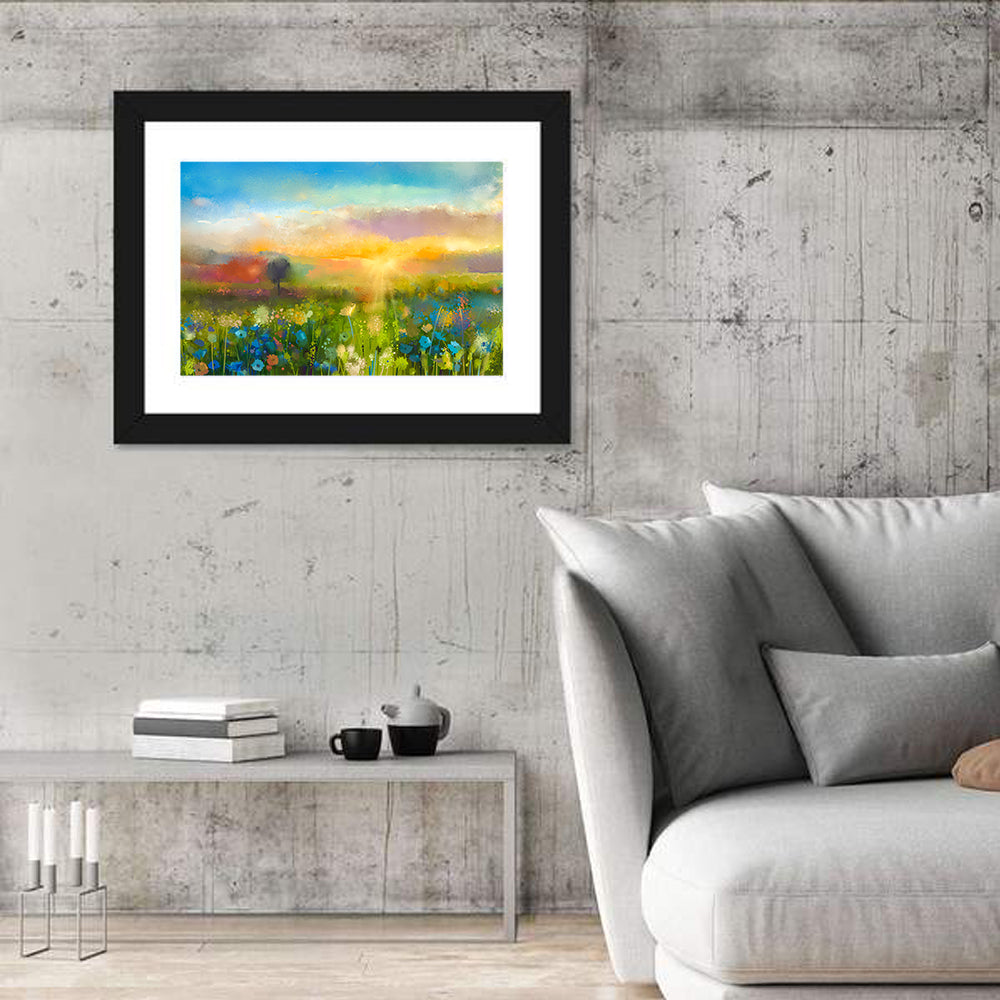 Sunset Wildflower Meadow Wall Art in a room, landscape