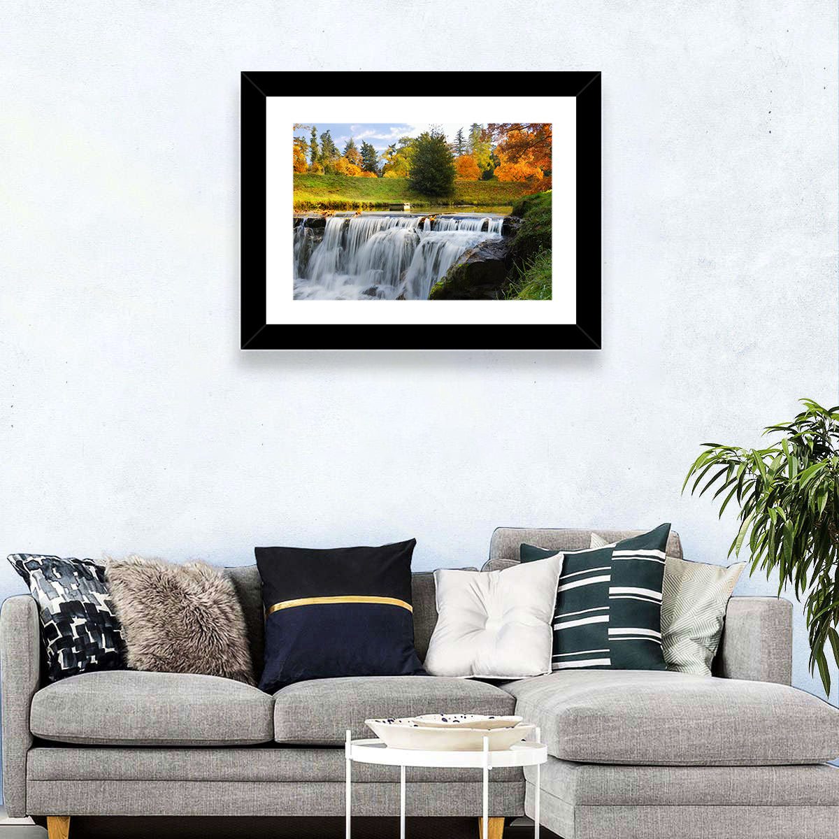 Autumn Forest Waterfall Wall Art in a room, landscape