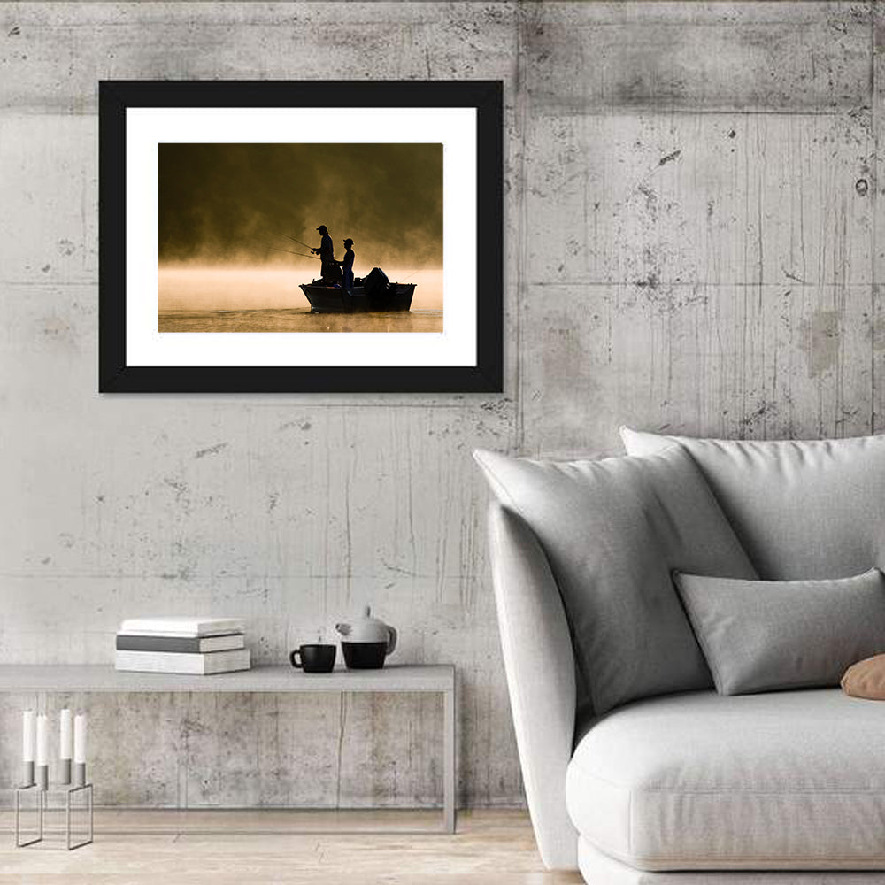 Misty Lake Fishing Wall Art in a room, landscape