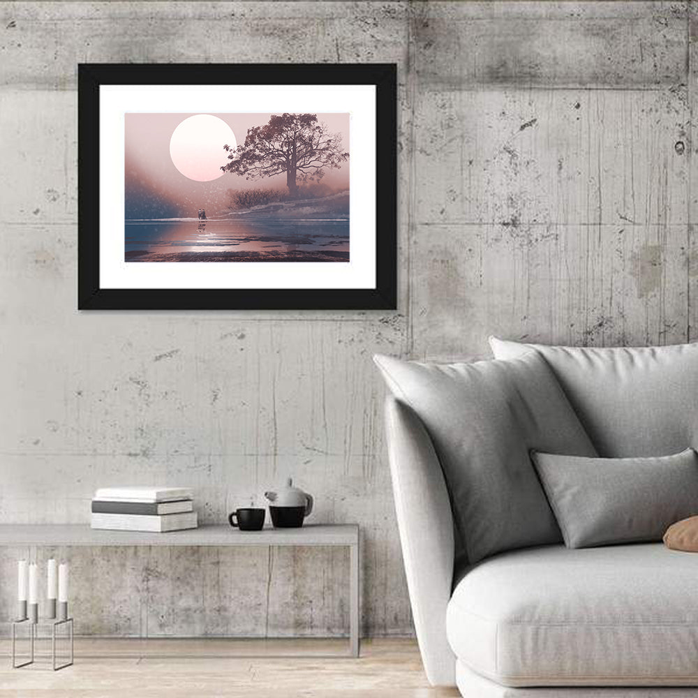 Couple Under Supermoon Wall Art in a room, landscape
