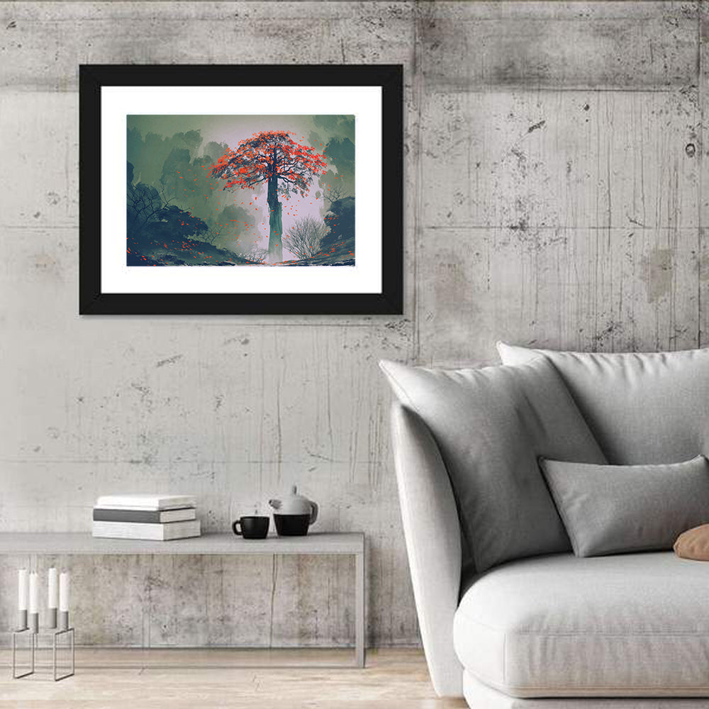Red Autumn Tree Wall Art in a room, landscape
