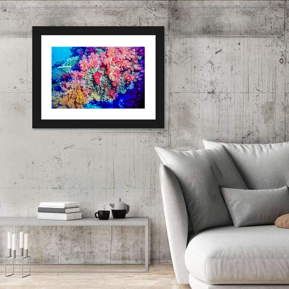 Vibrant Coral Reef Wall Art in a room, landscape
