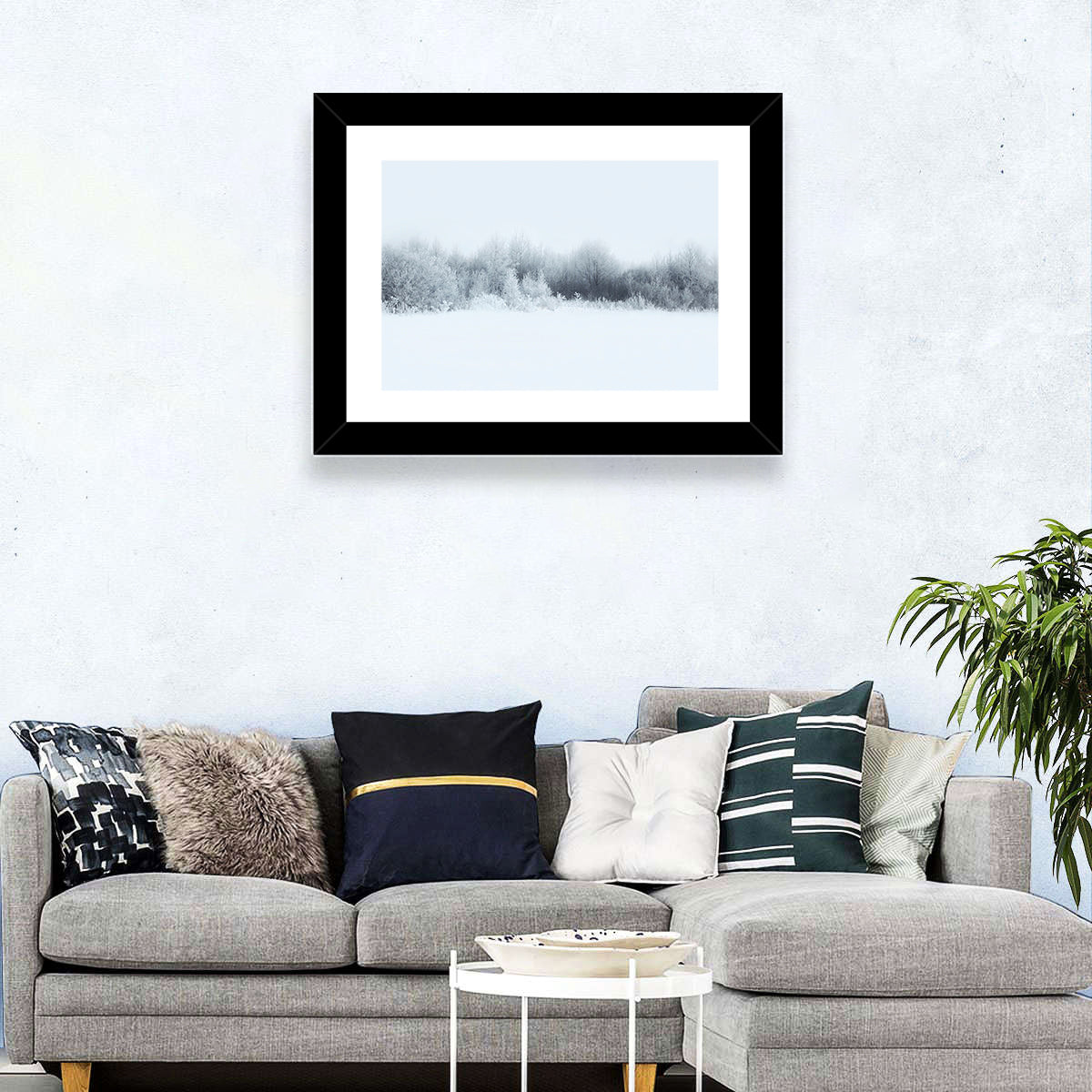 Frosted Winter Forest Wall Art in a room, landscape