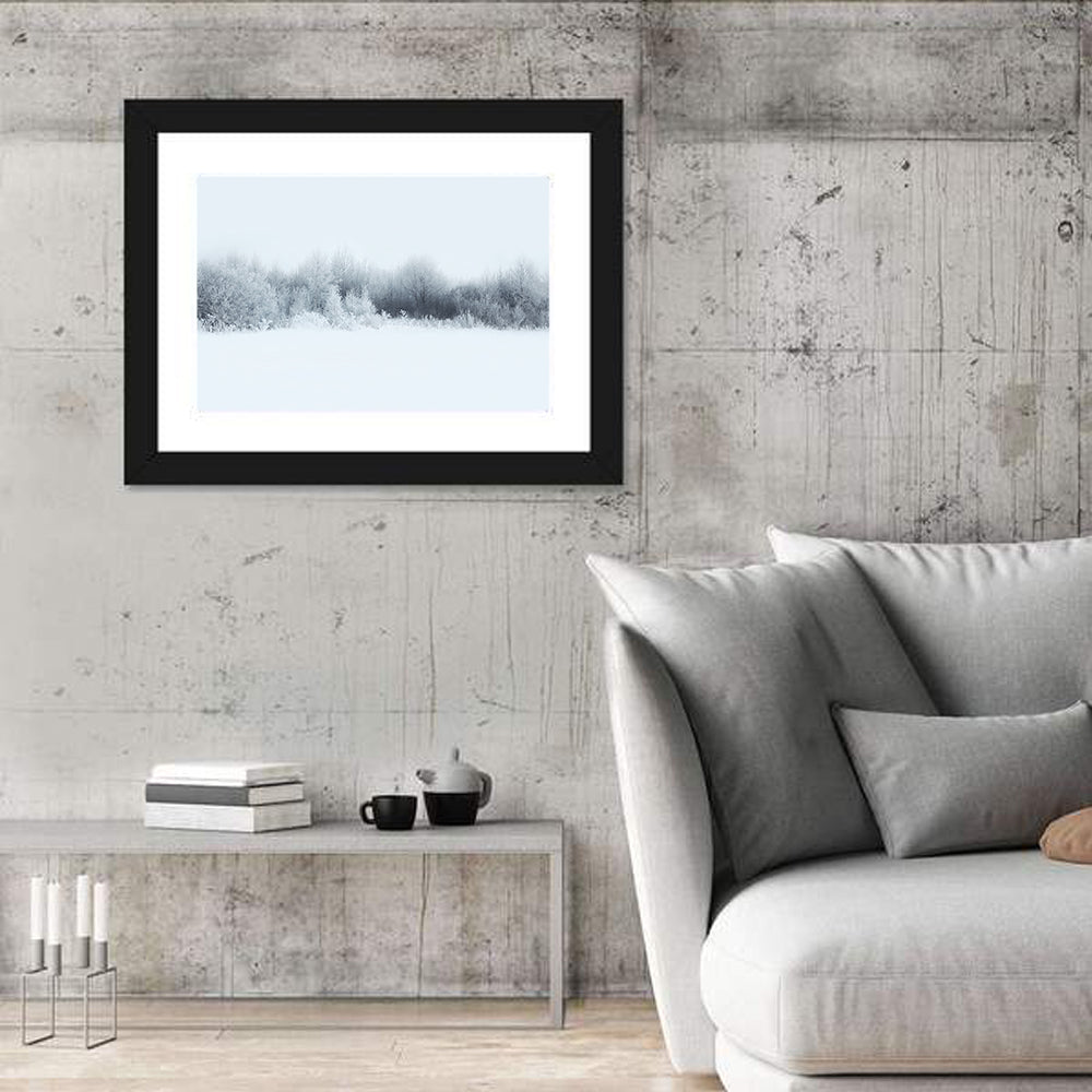 Frosted Winter Forest Wall Art in a room, landscape