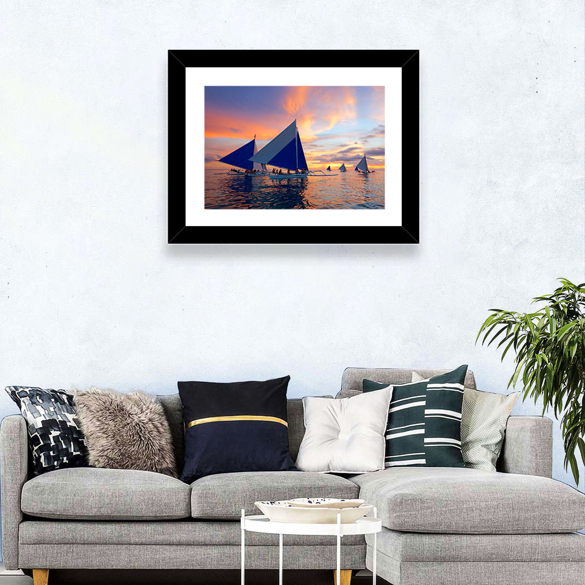 Outrigger Sailboats at Sunset Wall Art in a room, landscape
