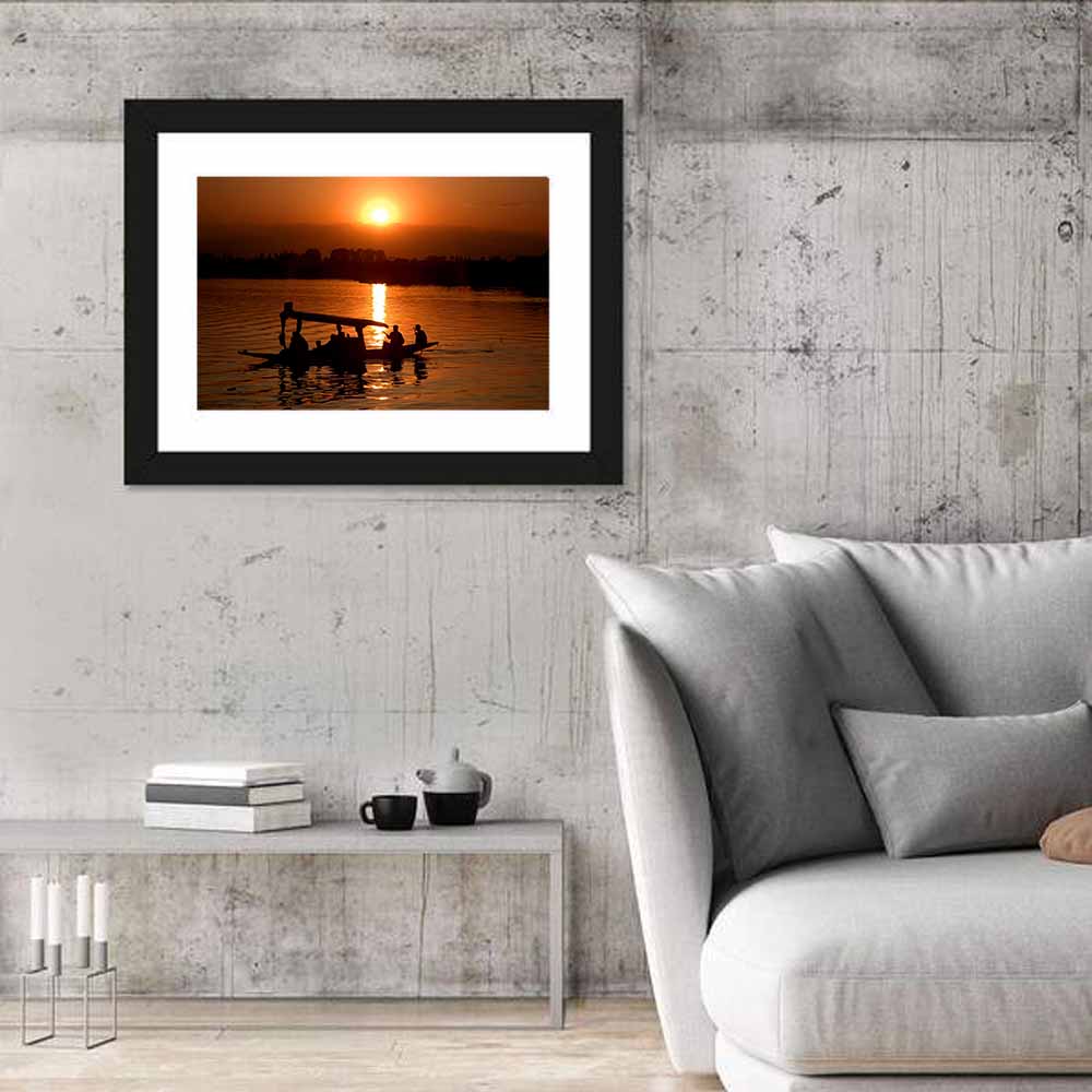 Dal Lake Sunset Silhouette Wall Art in a room, landscape