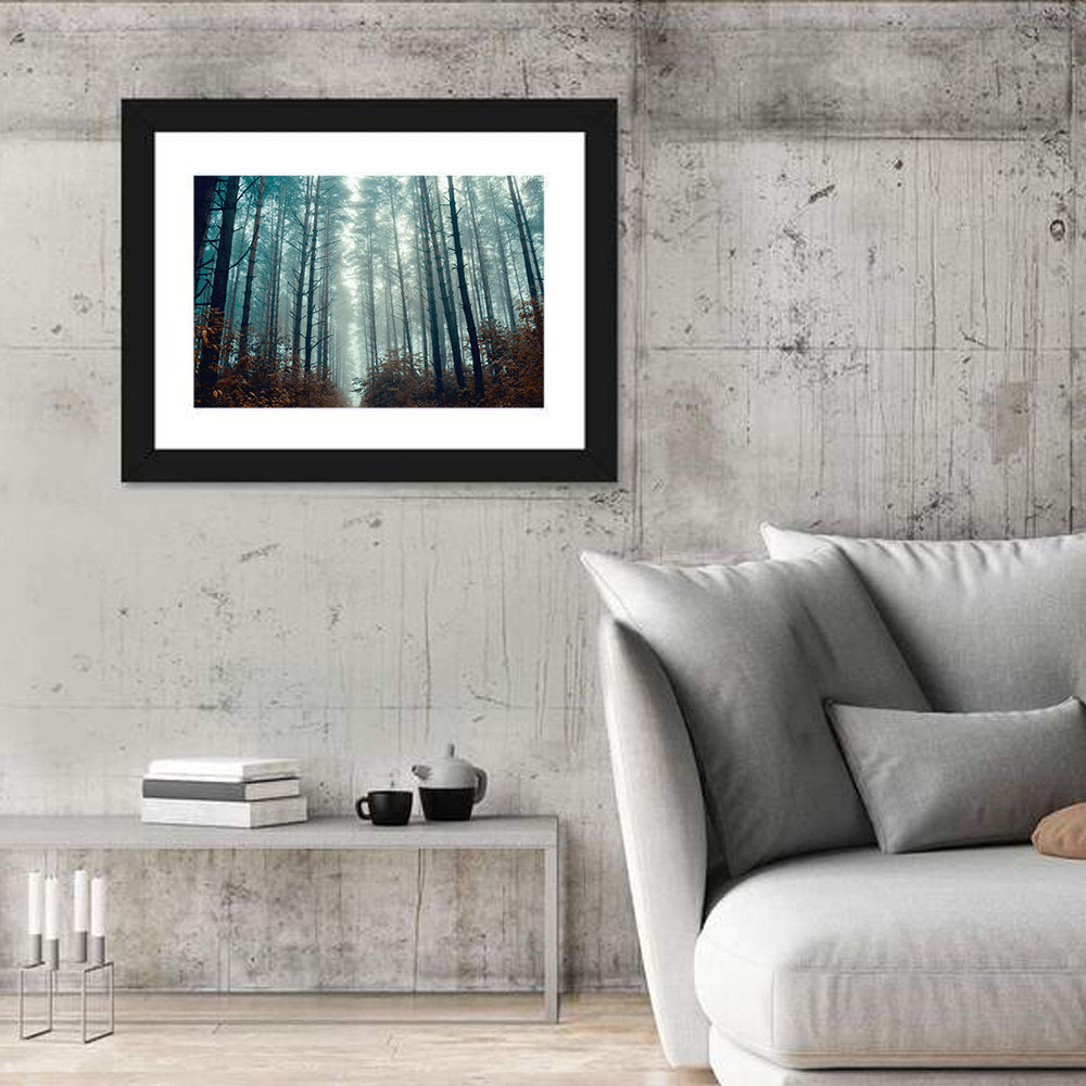 Misty Pine Forest Wall Art in a room, landscape