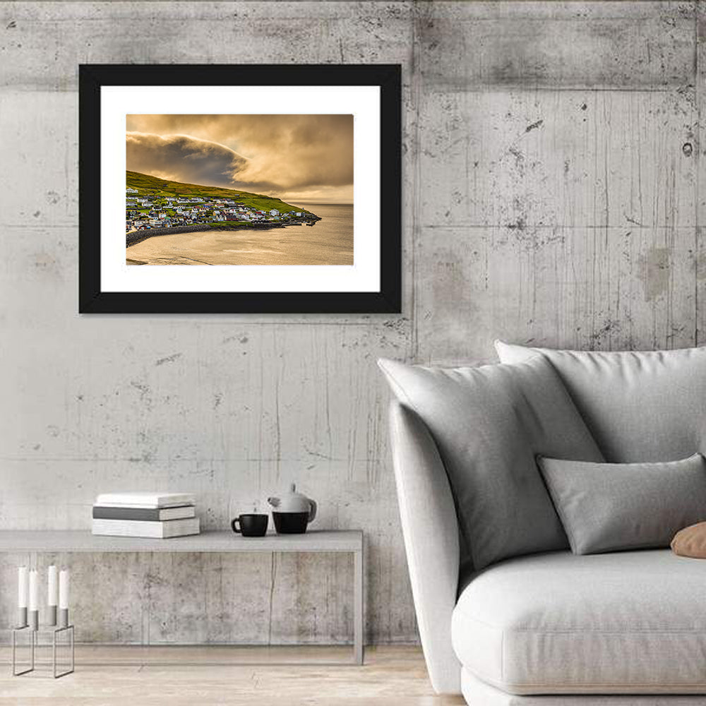 Coastal Village at Golden Hour Wall Art in a room, landscape