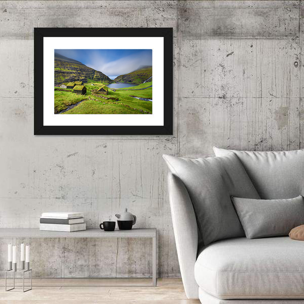 Saksun Turf Roof Cabins Wall Art in a room, landscape
