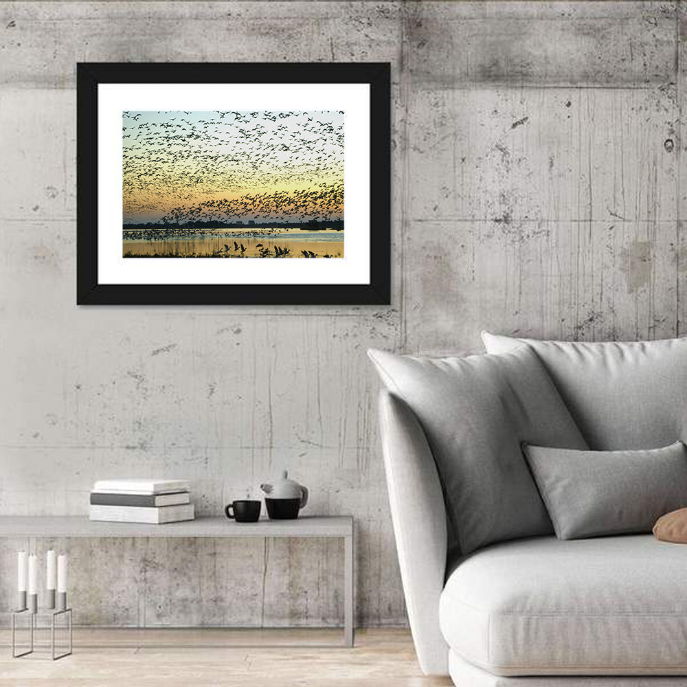 Snow Geese Over River Wall Art