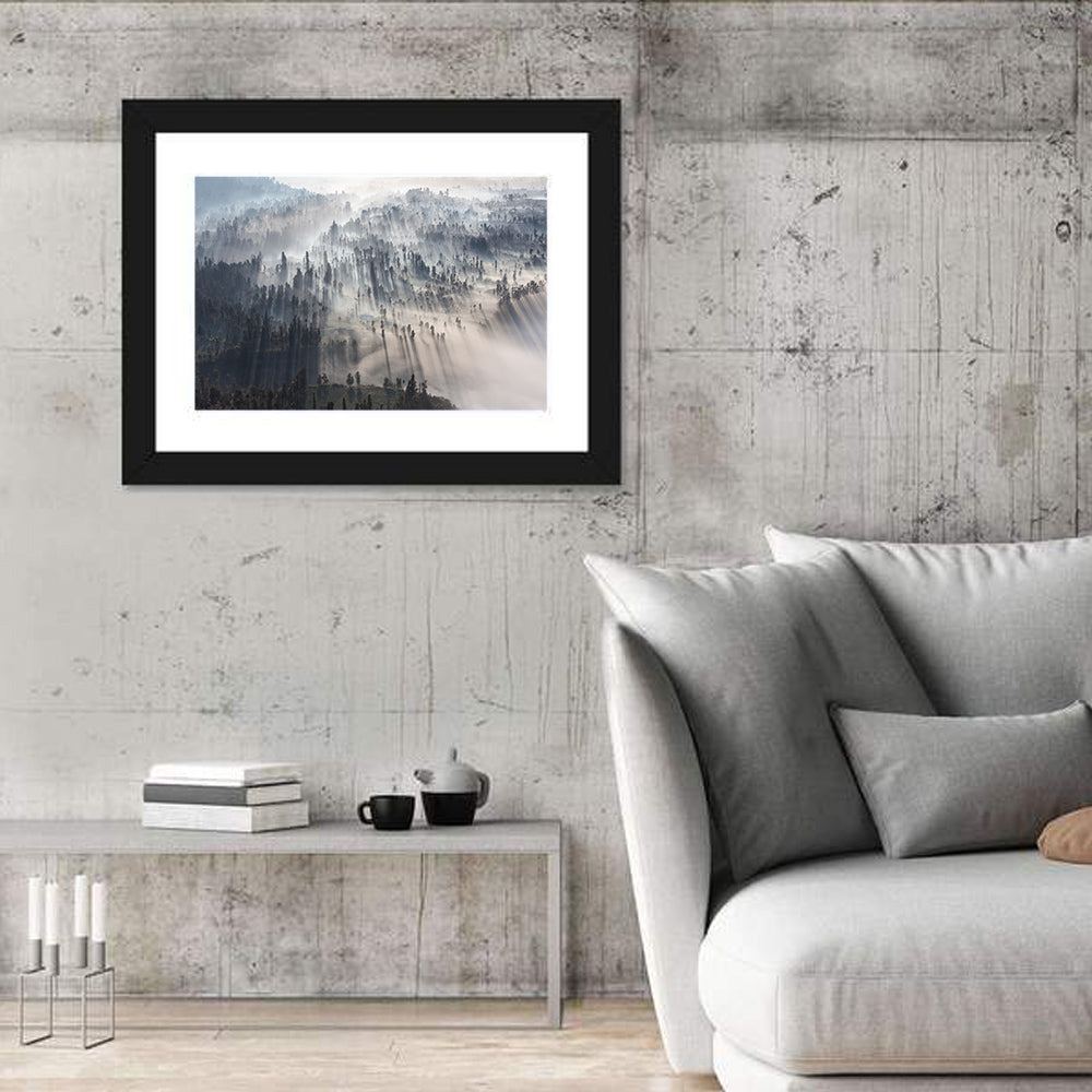 Misty Forest Sunrise Wall Art in a room, landscape