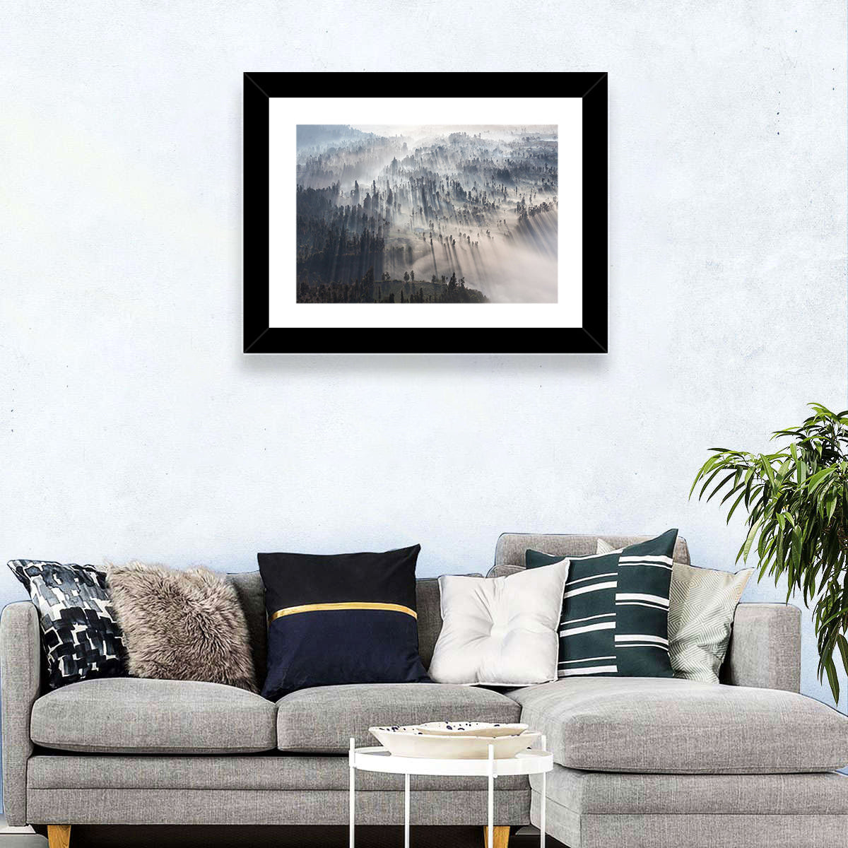 Misty Forest Sunrise Wall Art in a room, landscape