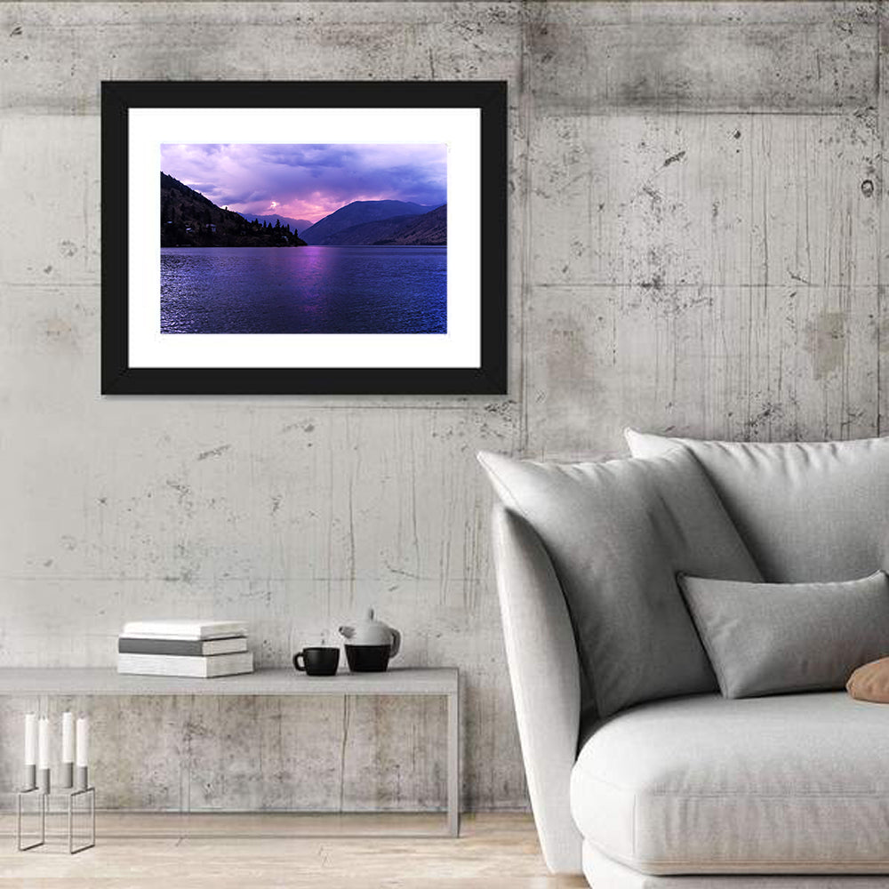 Lake Chelan Violet Sunset Wall Art in a room, landscape