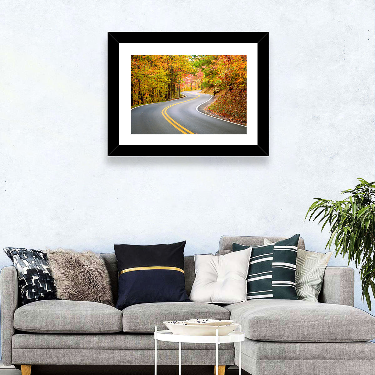 Winding Autumn Road Wall Art in a room, landscape