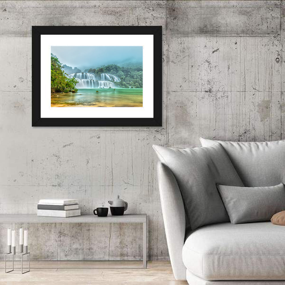 Ban Gioc Waterfalls Misty Morning Wall Art in a room, landscape