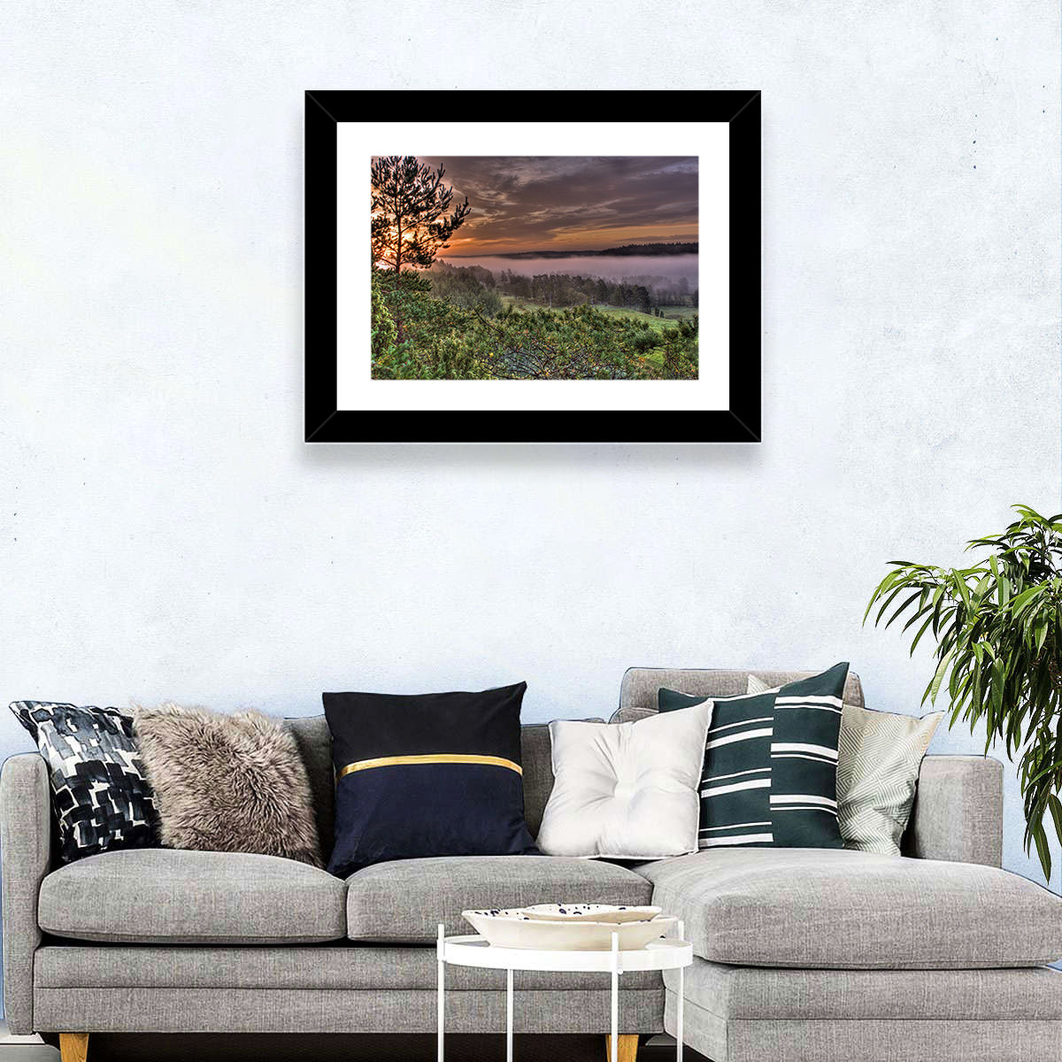 Misty Swedish Pine Valley Wall Art in a room, landscape