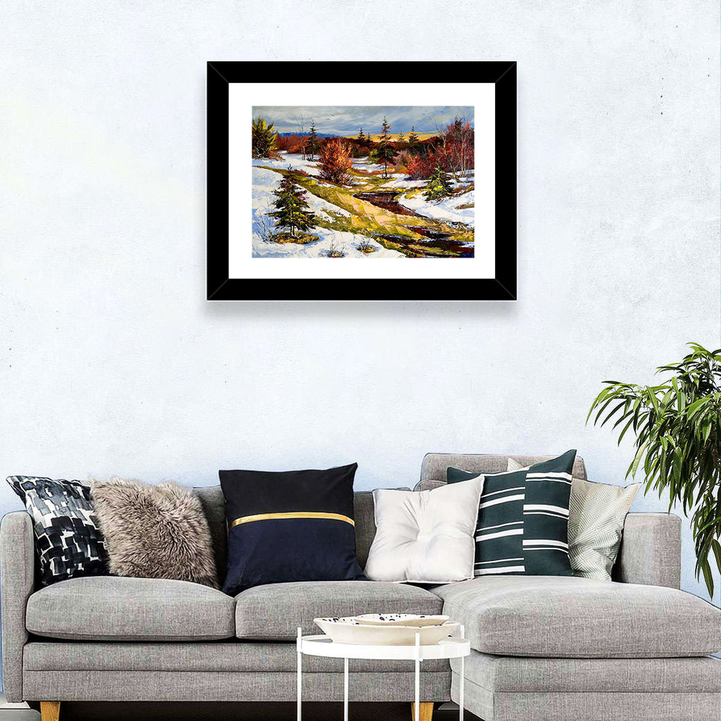 Snowy Stream Through Evergreens Wall Art