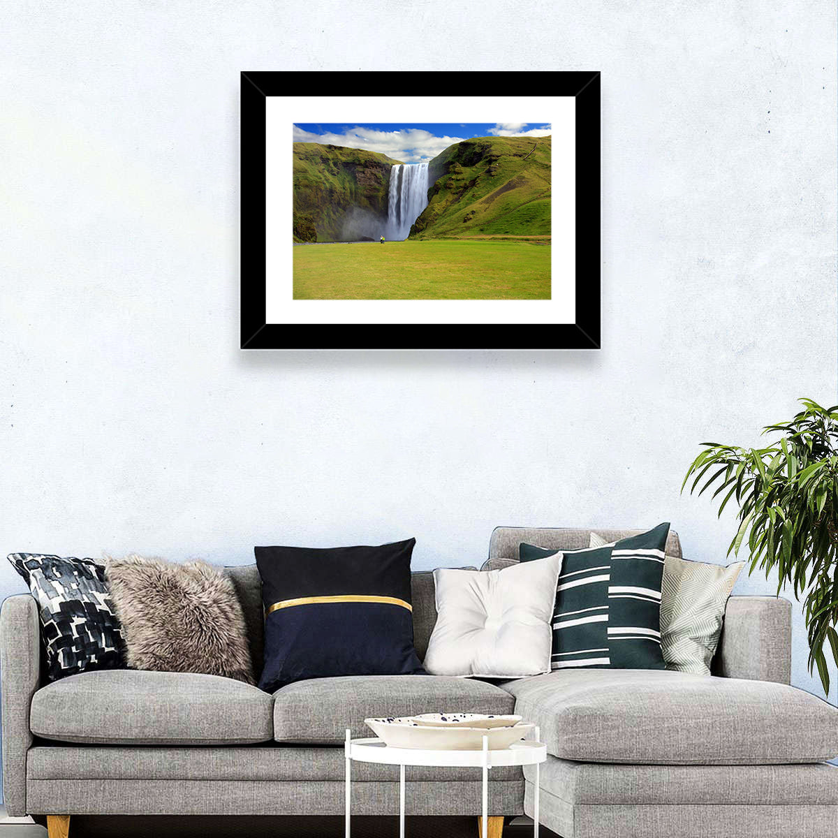 Skógafoss Waterfall Wall Art in a room, landscape