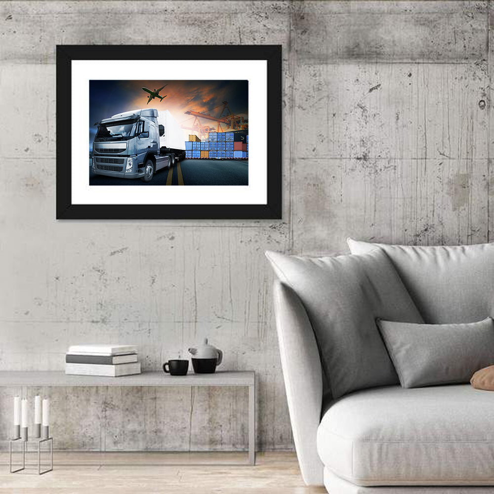 Sunset Freight Terminal Truck Scene Wall Art in a room, landscape