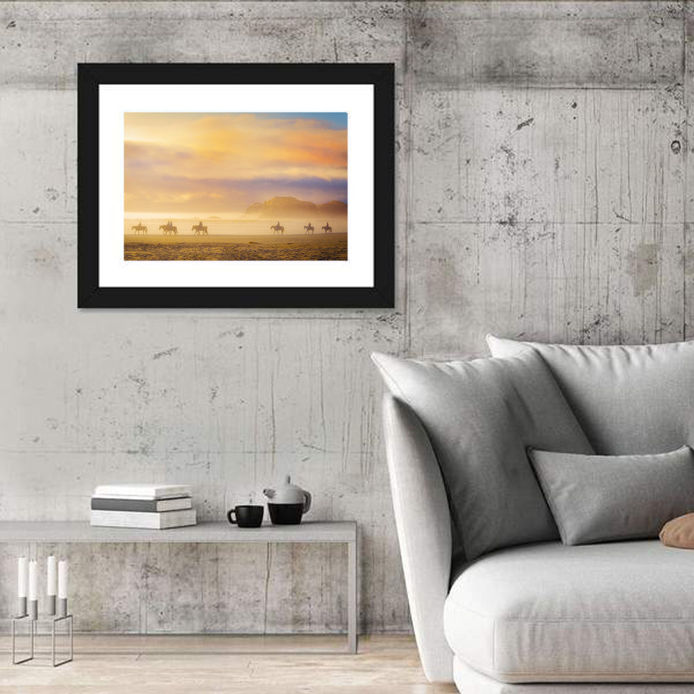 Misty Beach Horseback Riders Wall Art in a room, landscape