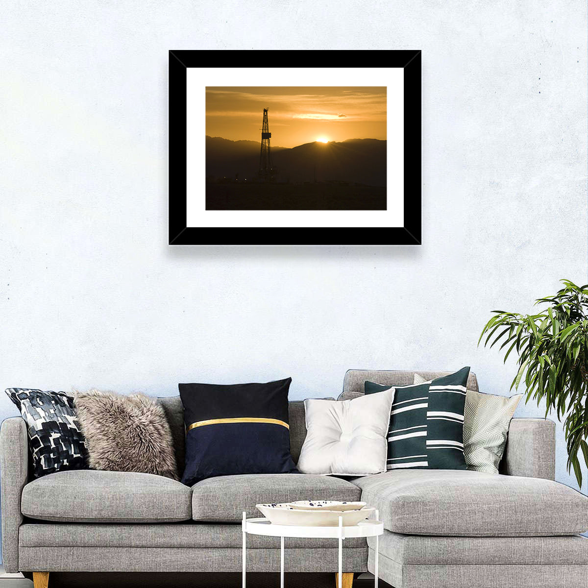 Sunrise Over Drilling Rig Wall Art in a room, landscape