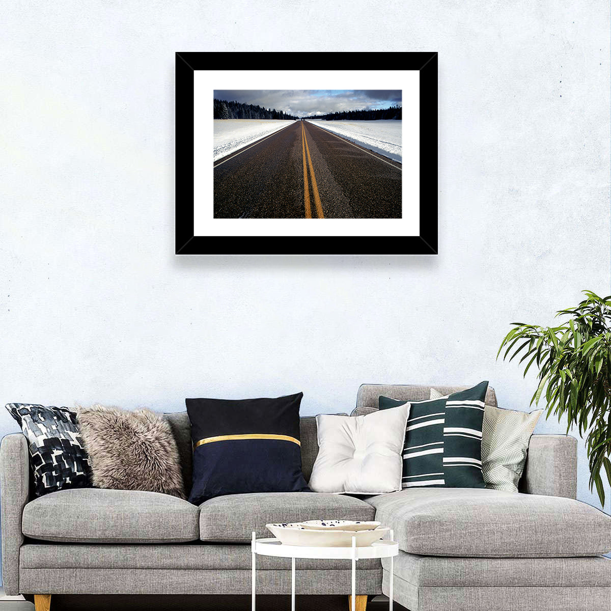 Winter Road Through Pine Forest Wall Art in a room, landscape