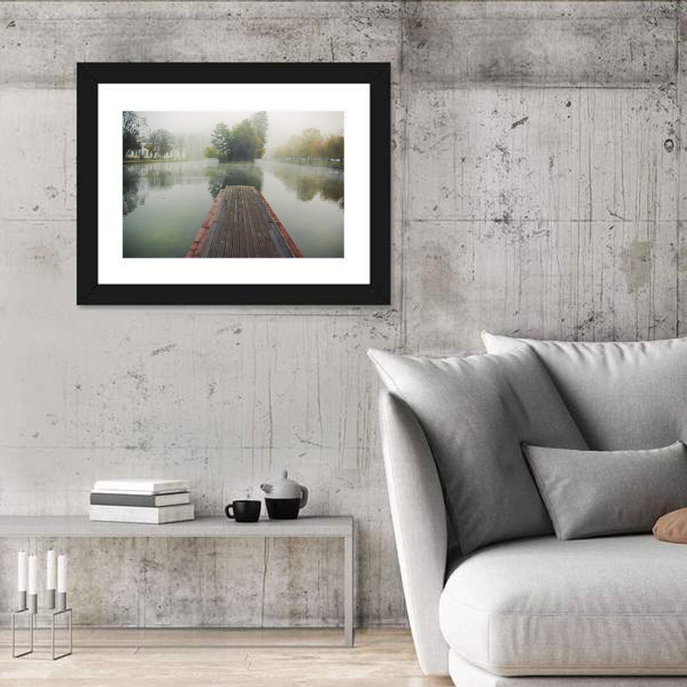 Wooden Pier on Foggy Lake Wall Art in a room, landscape