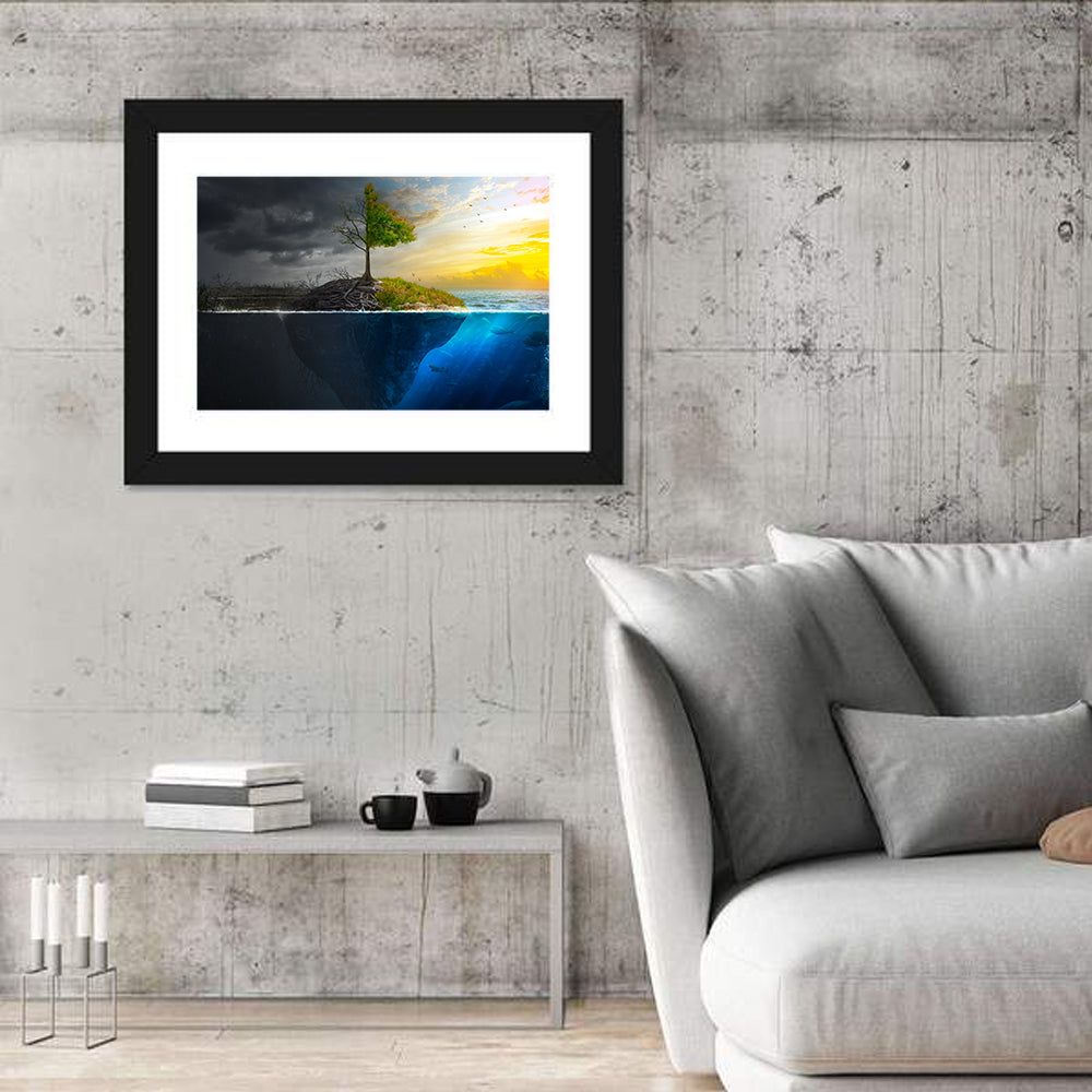 Split Island Tree of Duality Wall Art in a room, landscape