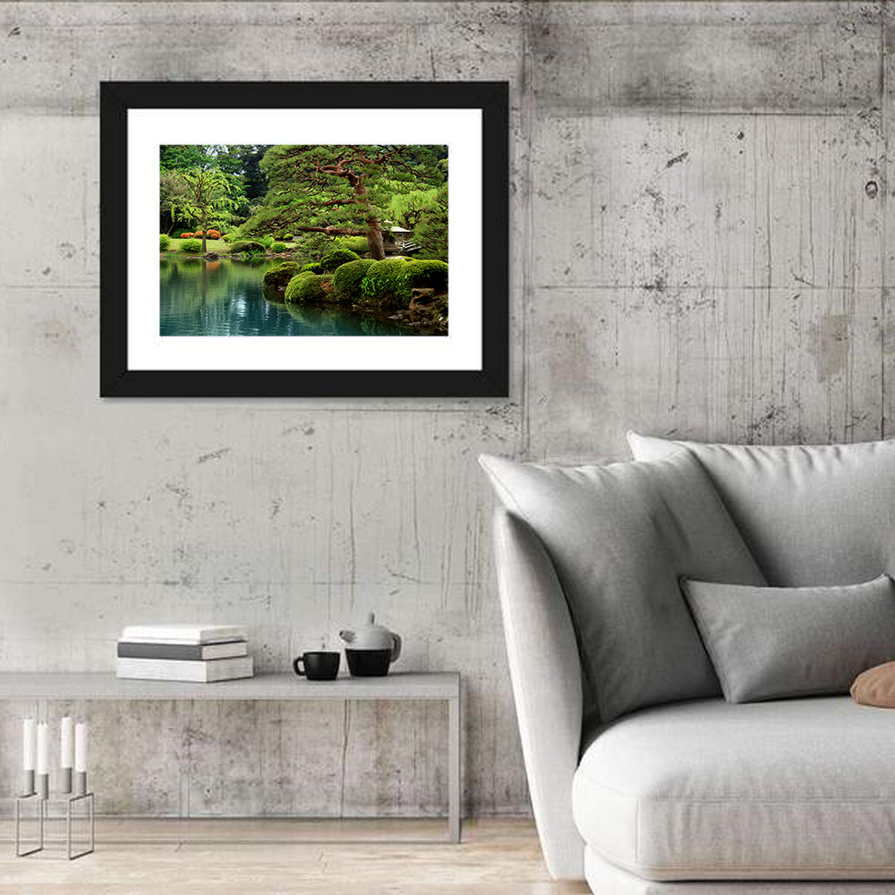 Bonsai Pine Over Tranquil Pond Wall Art in a room, landscape