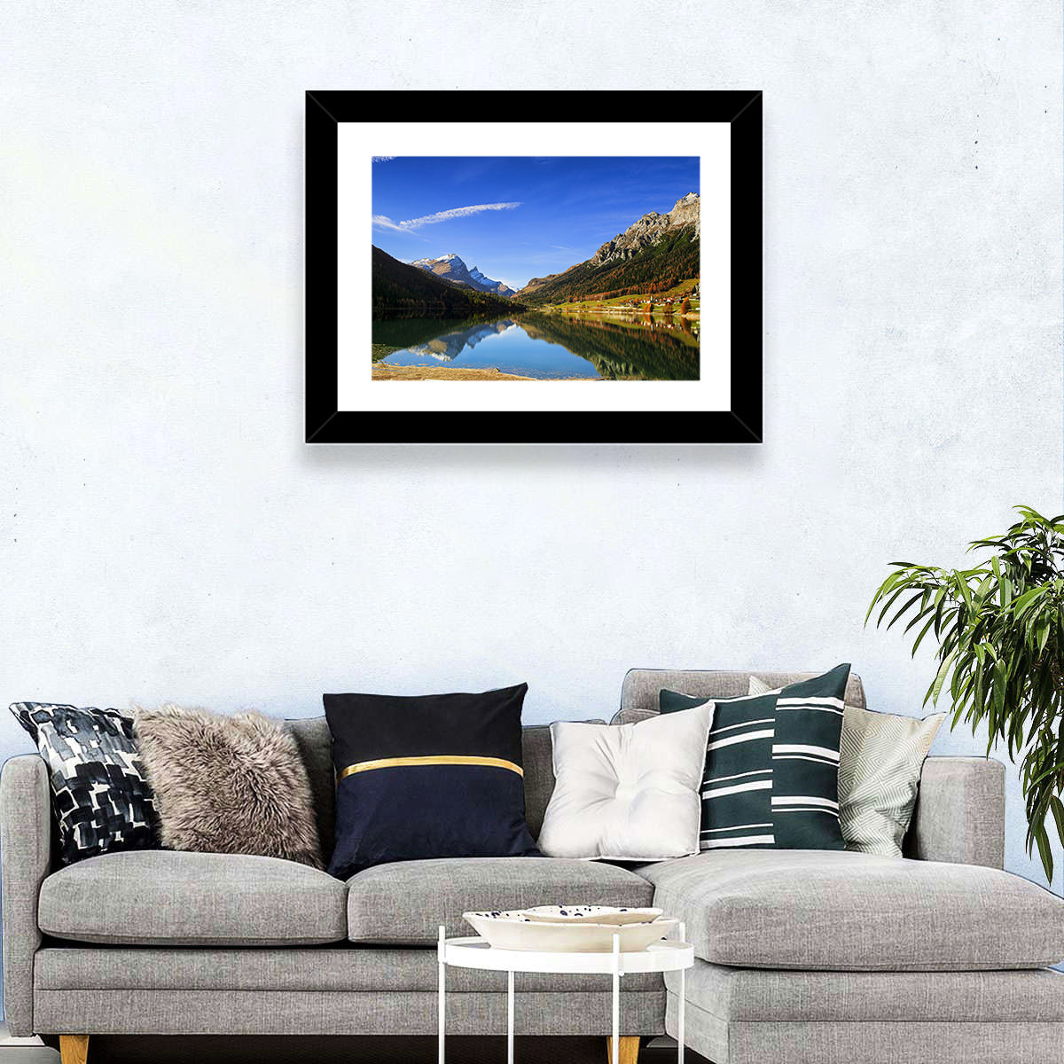 Lake Sils Morning Reflection Wall Art in a room, landscape