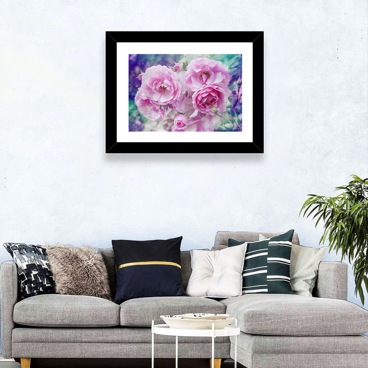 Springtime Pink Rose Cluster Wall Art in a room, landscape