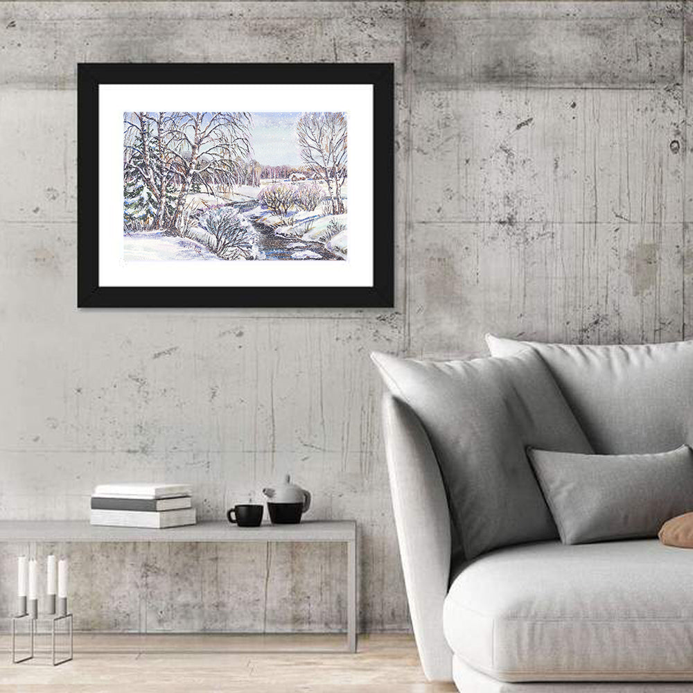 Rural Russian Winter Landscape Wall Art in a room, landscape