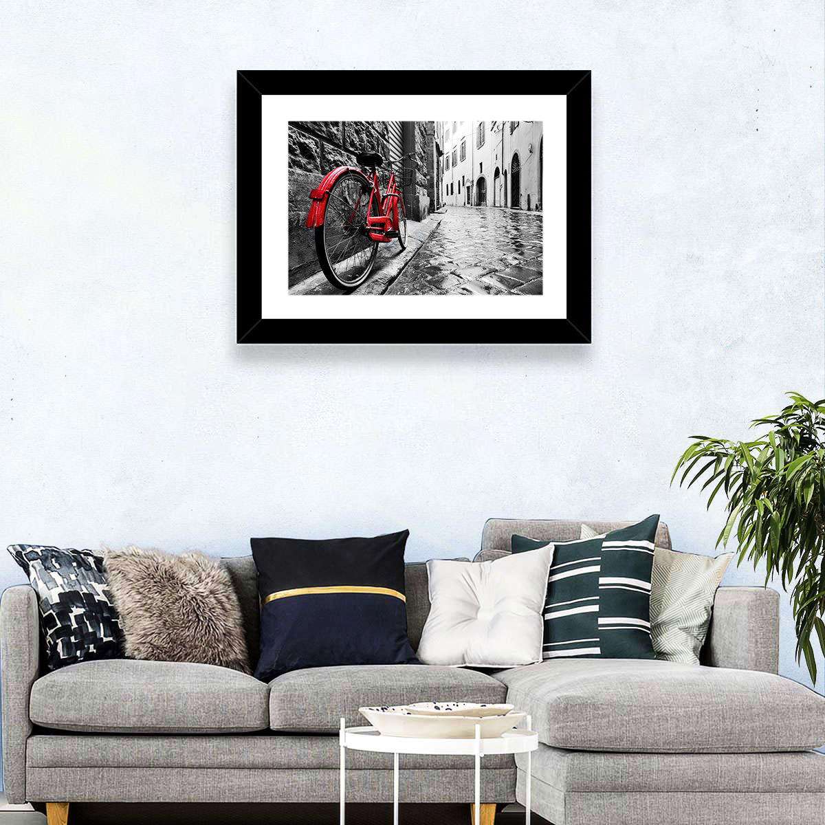 Red Bicycle on Rainy Cobblestone Street Wall Art