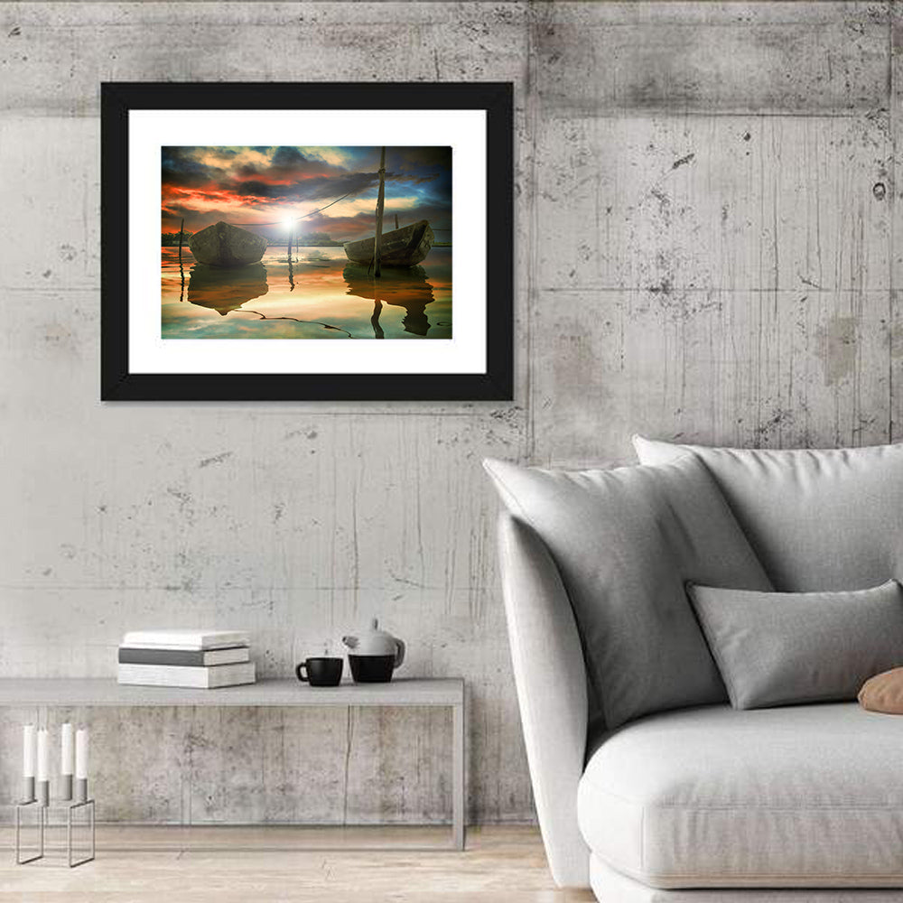 Two Wooden Boats at Sunset Wall Art in a room, landscape