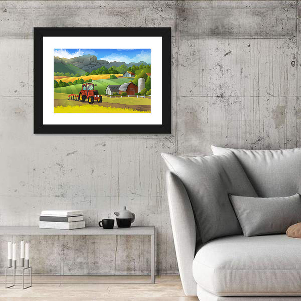 Red Tractor Farm Landscape Wall Art in a room, landscape