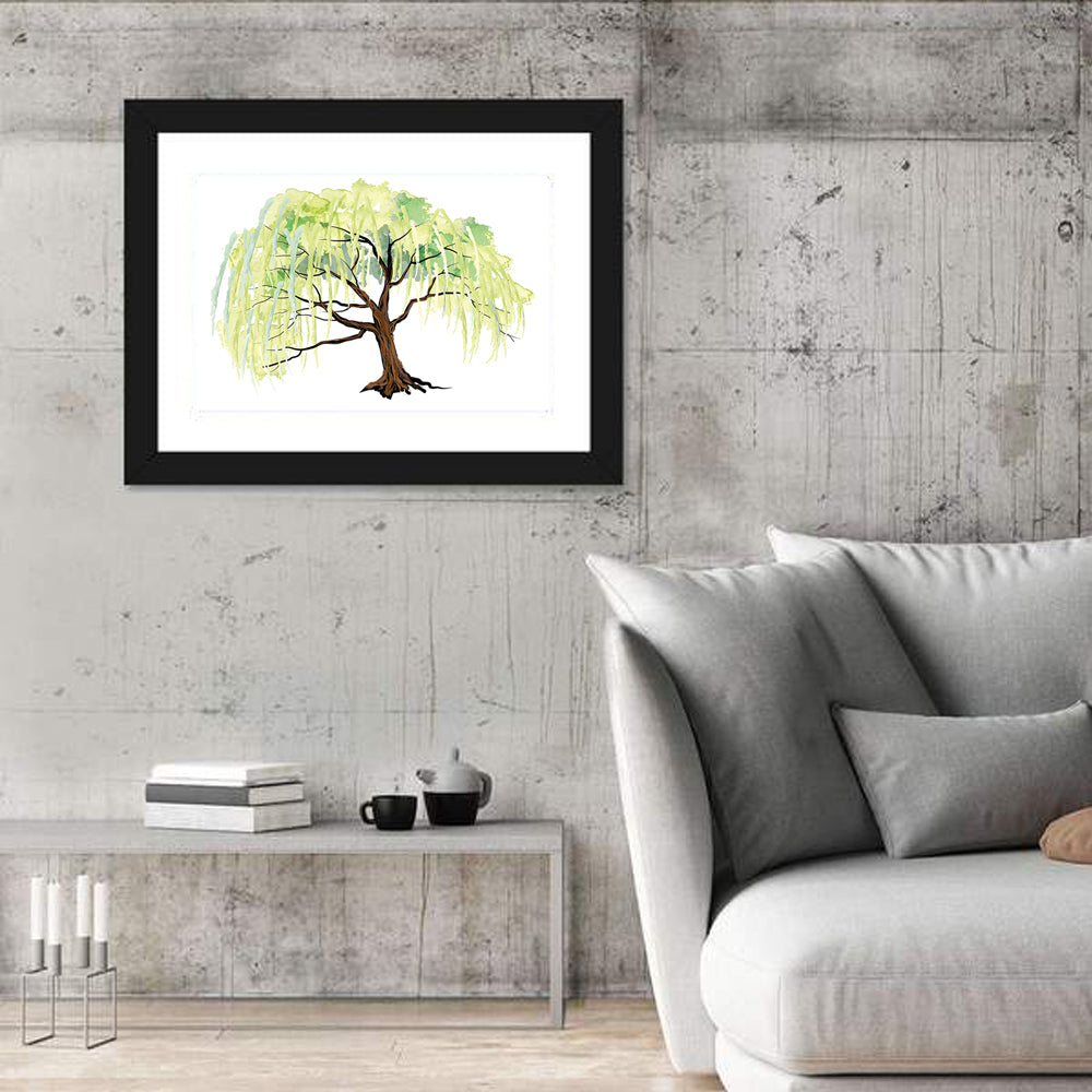 Weeping Willow Watercolor Sketch Wall Art in a room, landscape