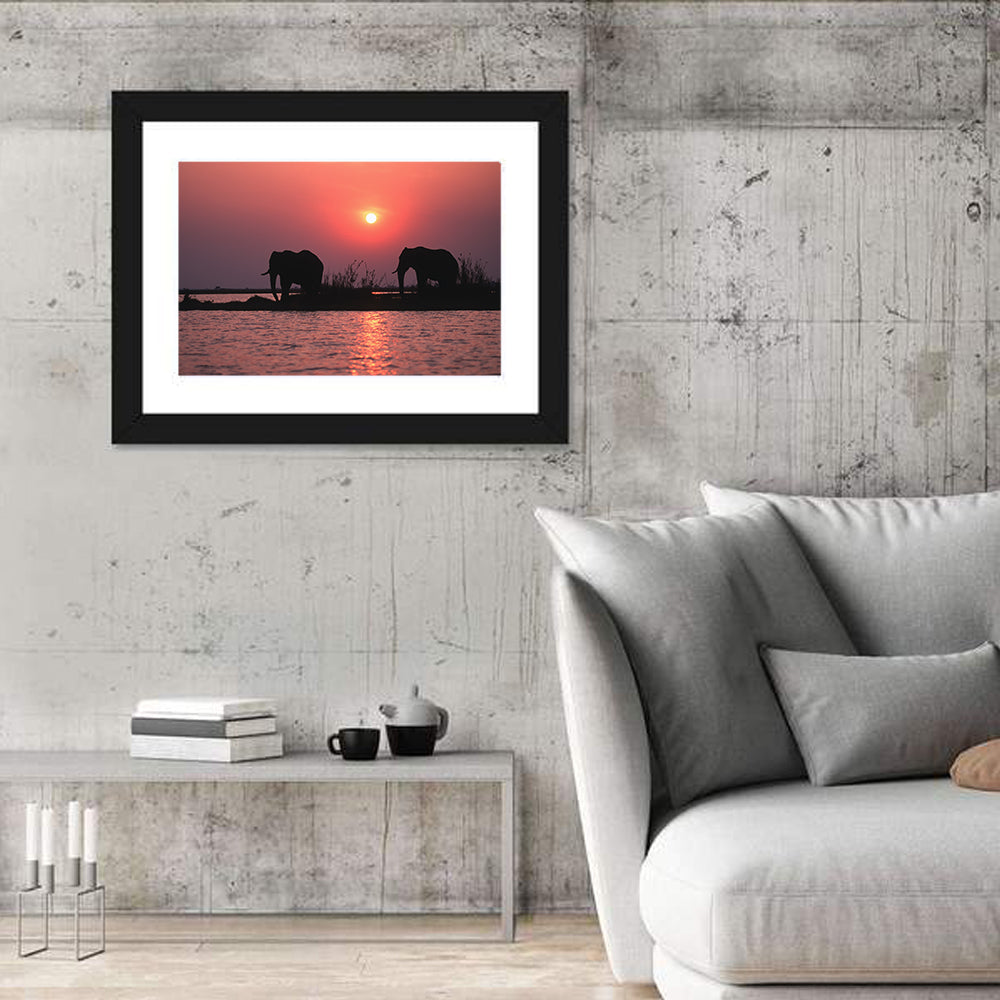 Elephants at Sunset Silhouette Wall Art