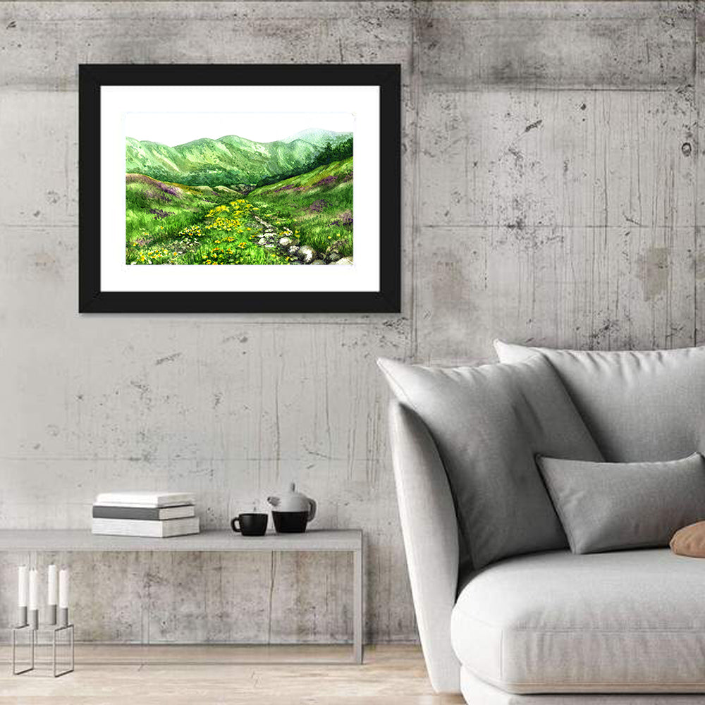 Blooming Mountain Valley Wall Art in a room, landscape
