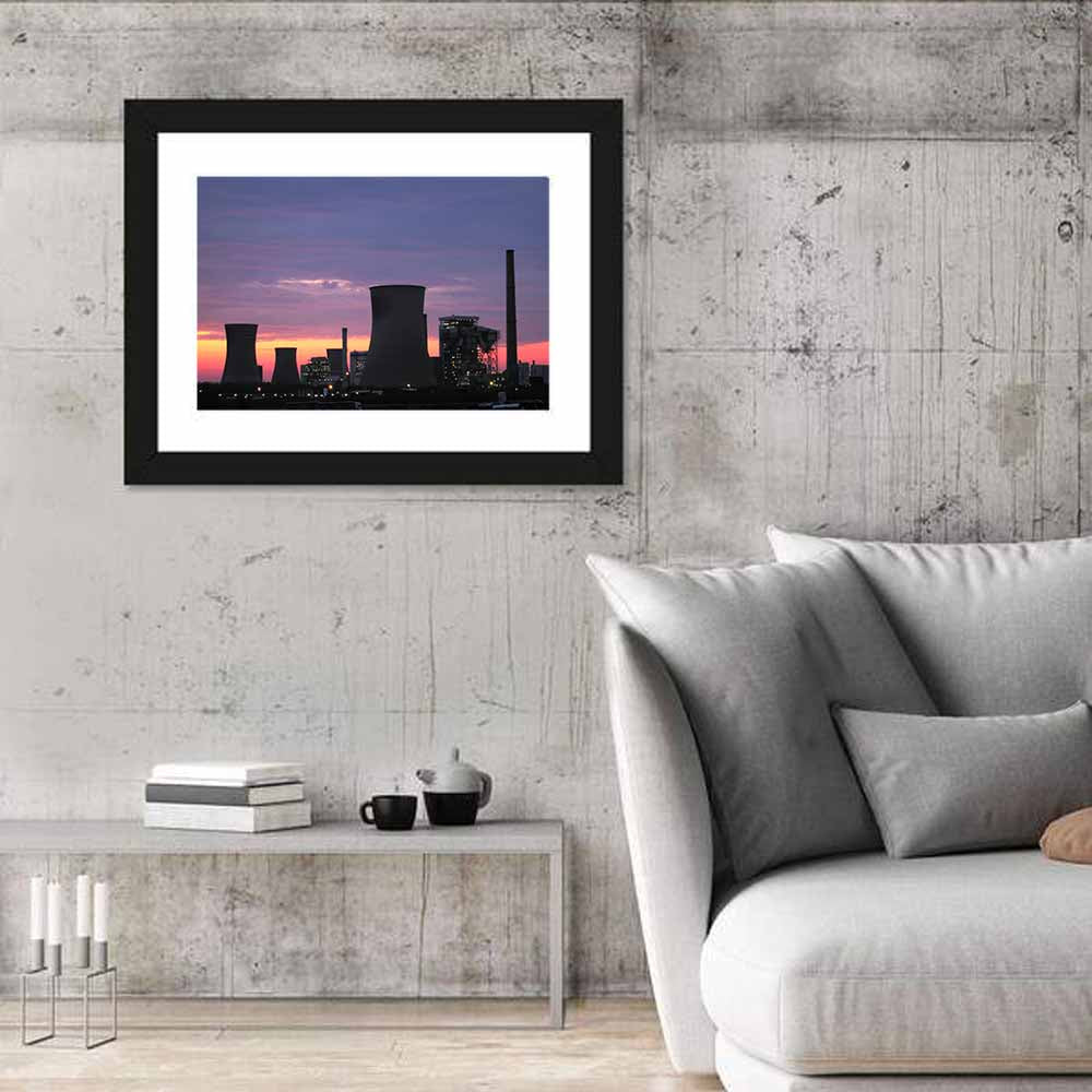 Coal Power Plant Sunset Silhouette Wall Art in a room, landscape