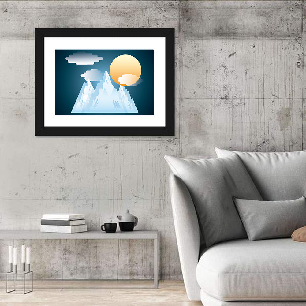 Geometric Snowy Mountain with Golden Sun Wall Art