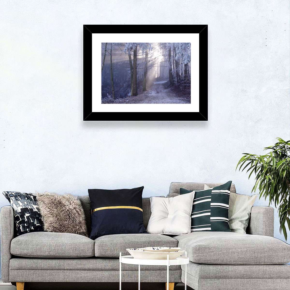 Frosted Forest Path at Dawn Wall Art in a room, landscape
