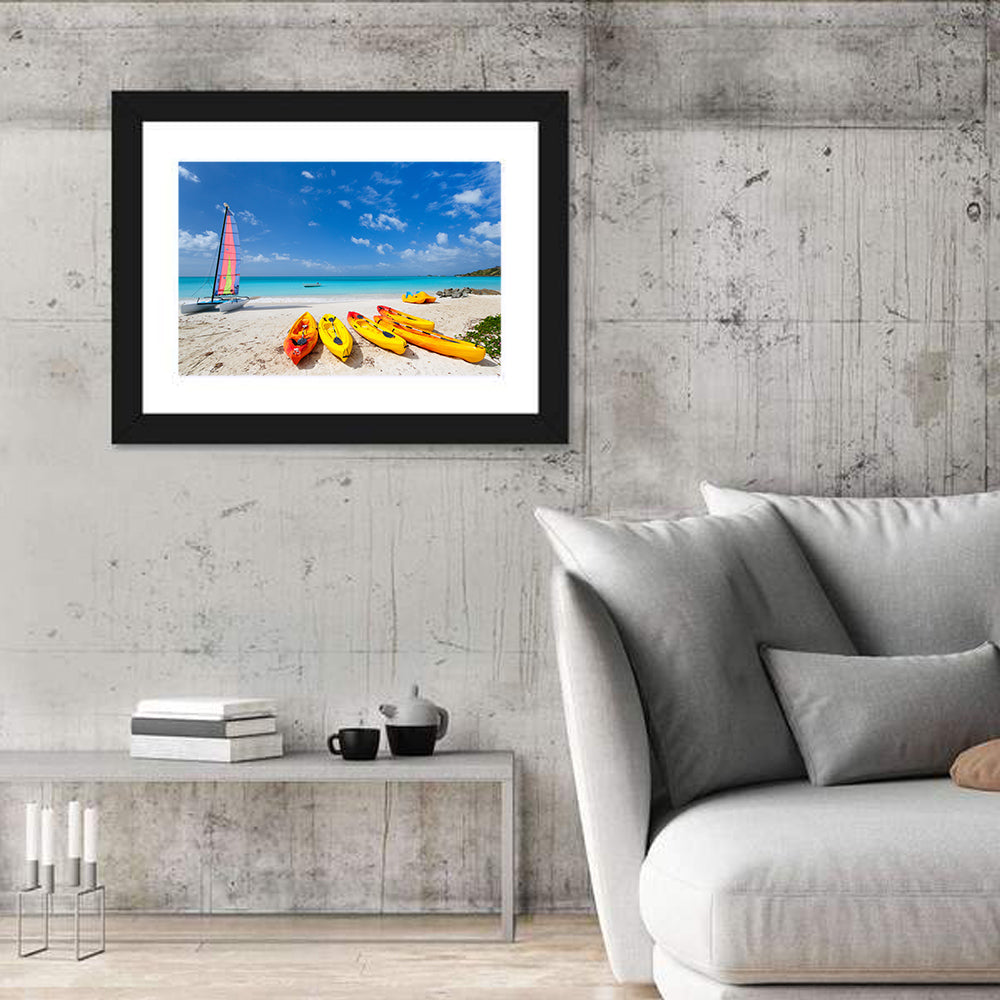 Yellow Kayaks on Tropical Beach Wall Art in a room, landscape