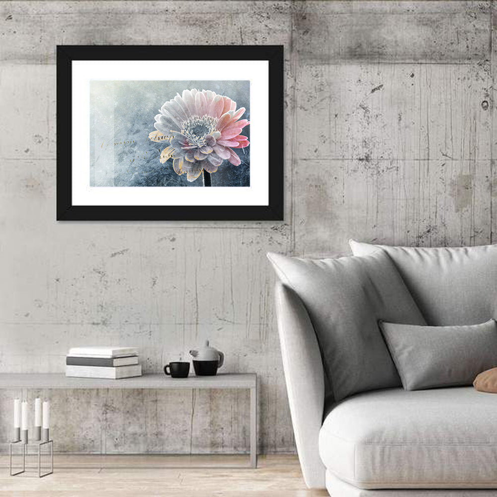 Winter Gerbera with Golden Script Wall Art in a room, landscape