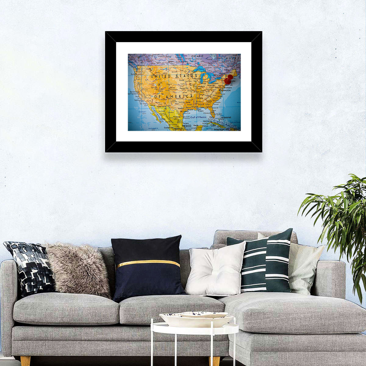 Vintage USA Map with Northeastern Pushpin Wall Art in a room, landscape