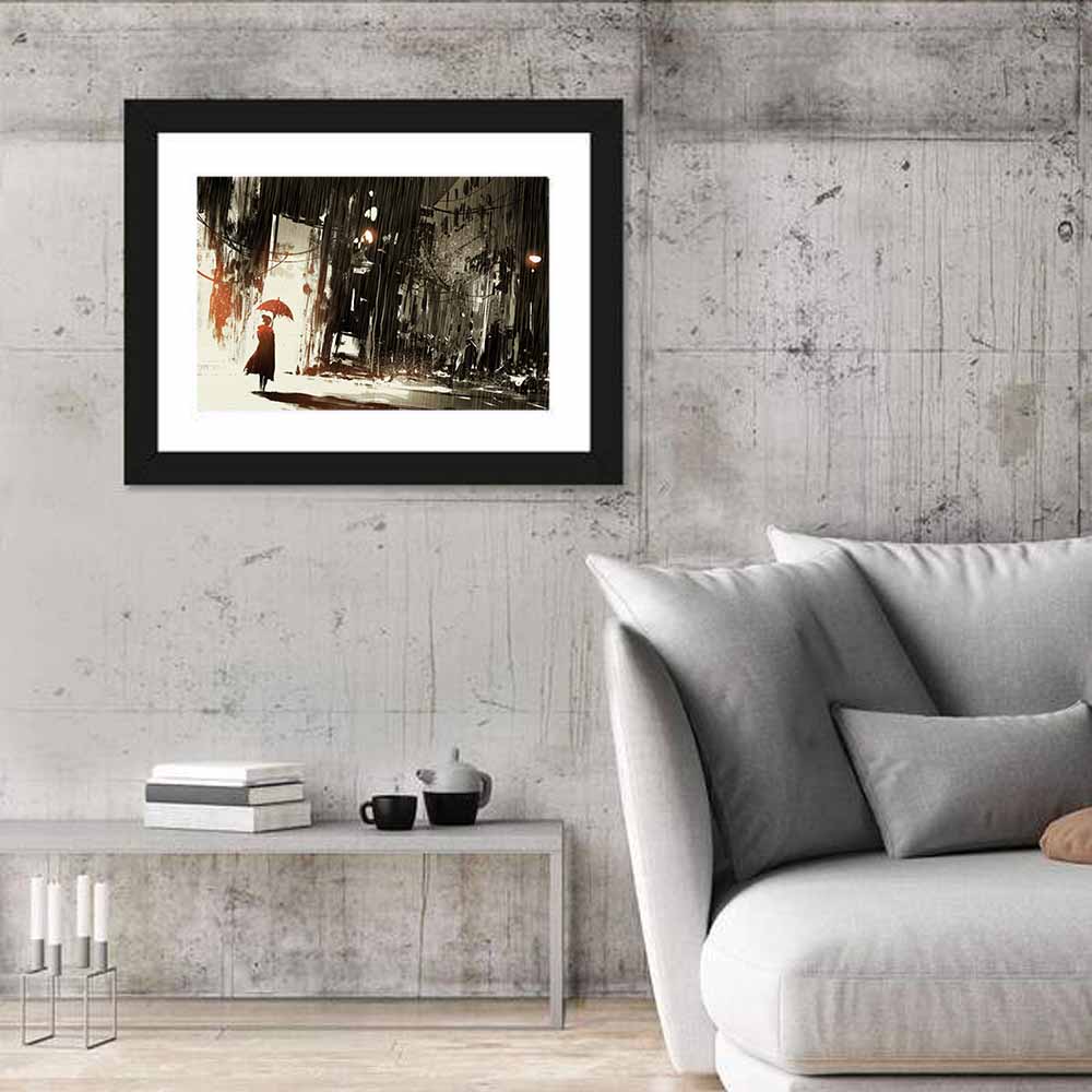 Woman with Umbrella on Rainy Street Wall Art in a room, landscape