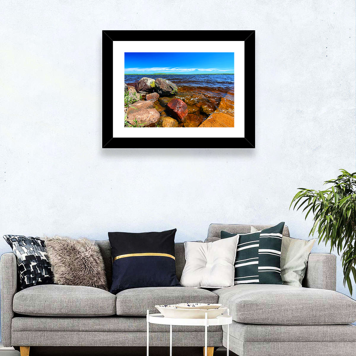 Lake Gogebic Rocky Shoreline Wall Art in a room, landscape