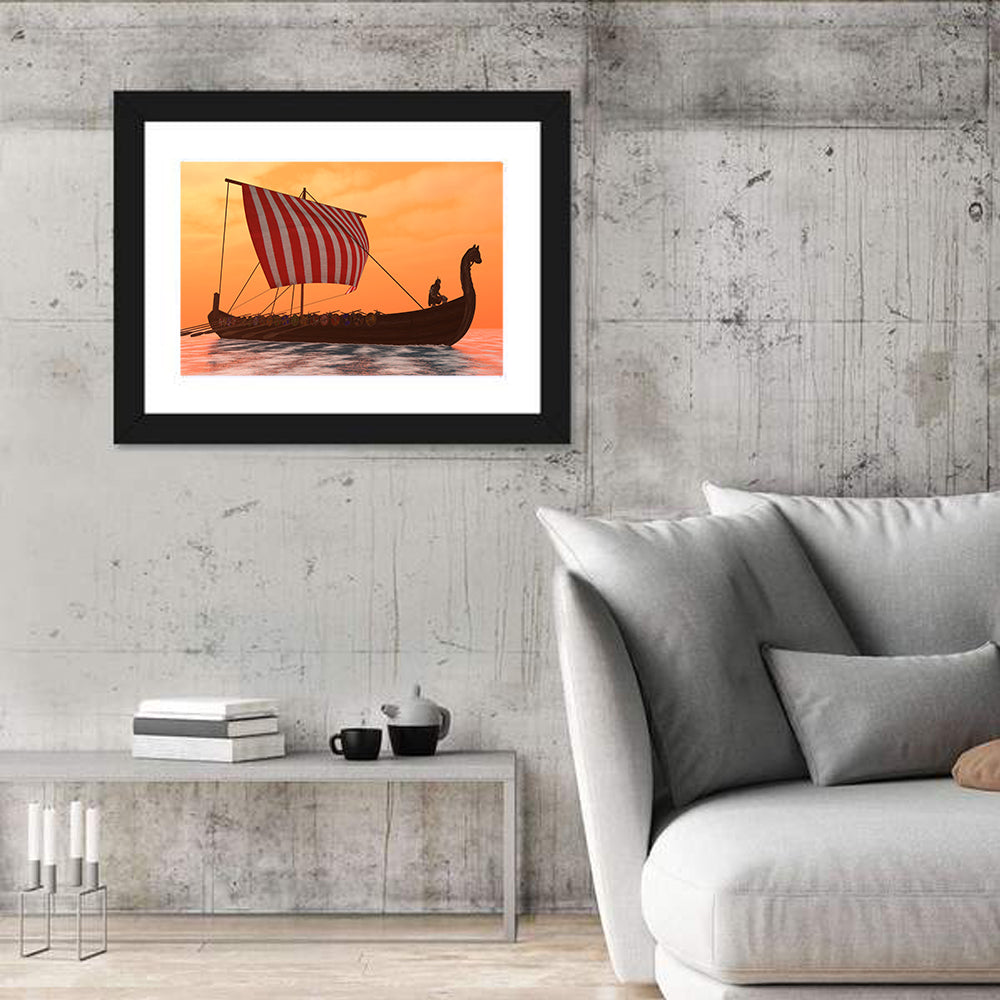 Viking Longship at Dusk Wall Art in a room, landscape