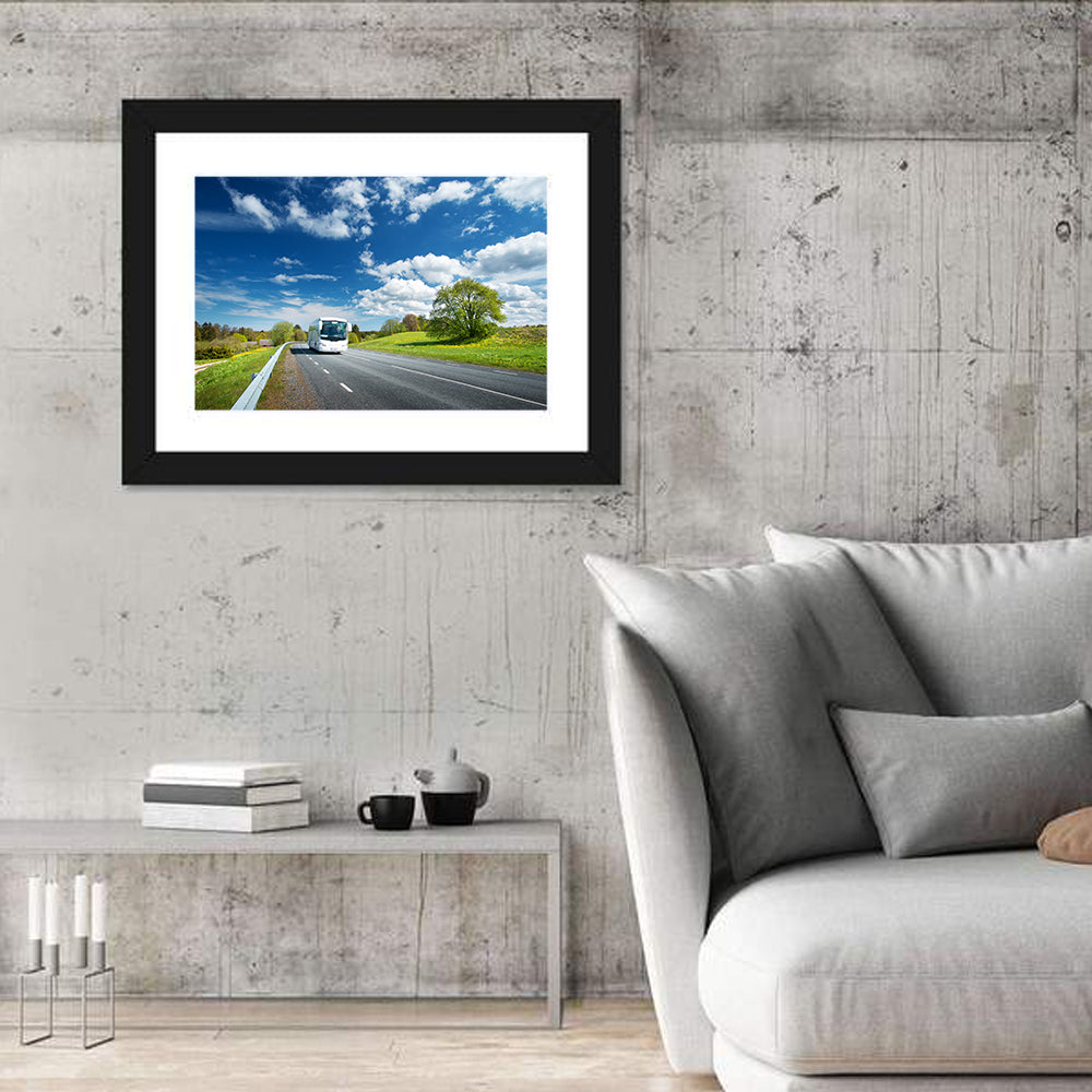 White Bus on Meadow Road Wall Art in a room, landscape